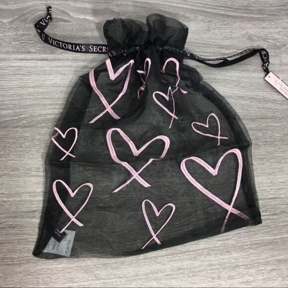 2 NWT VICTORIA’S SECRET HEART EMBROIDERED BLACK MESH BAGS - Picture 3 of 5